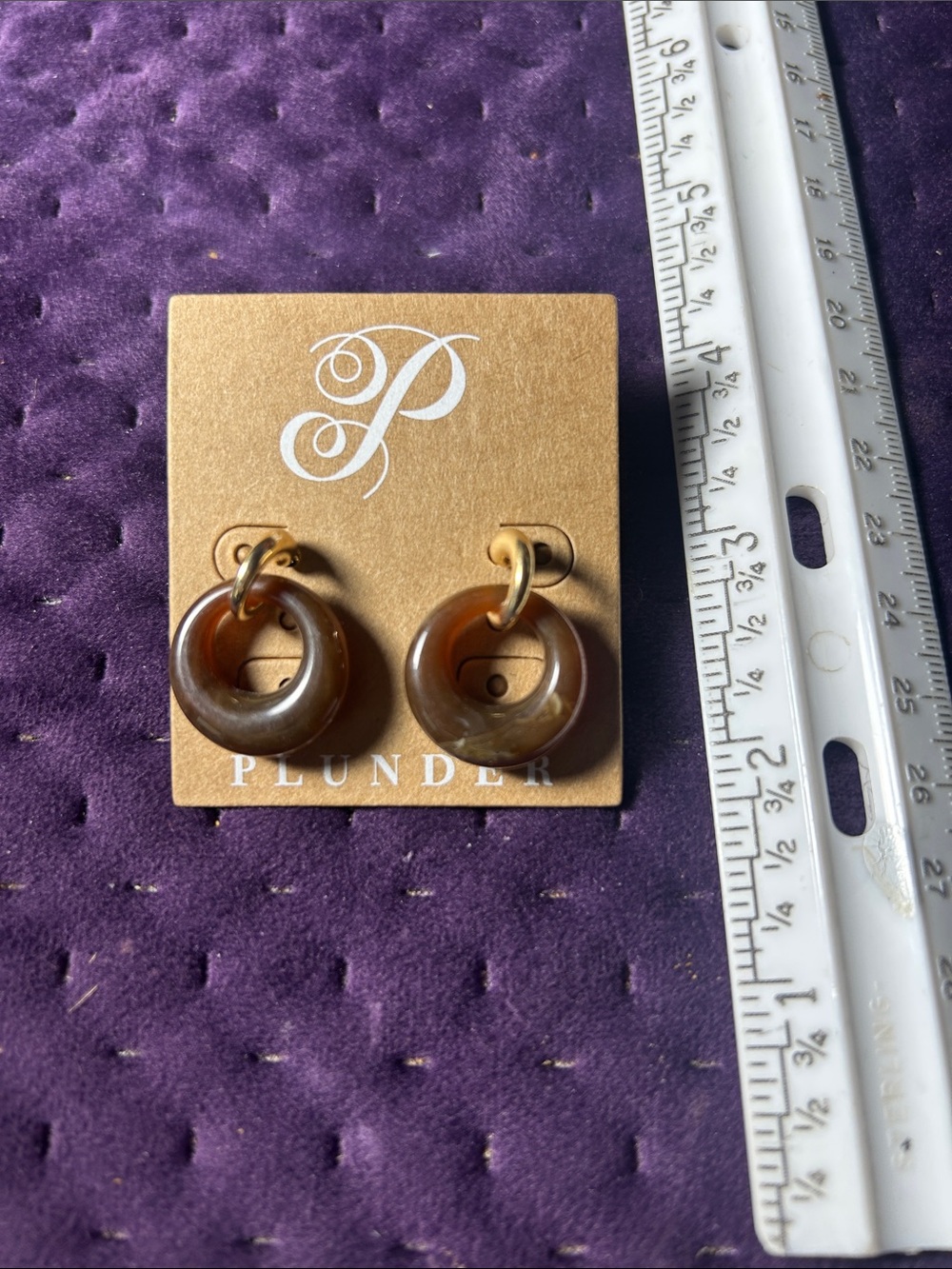 Plunder Amber-Brown Resin Hoop Earrings with Gold Tone Links